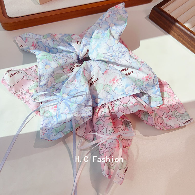 Korean-style bow flower square scarf large intestine hair band, fresh and sweet, ponytail hair tie, niche leather band hair accessory for women Specification drawing