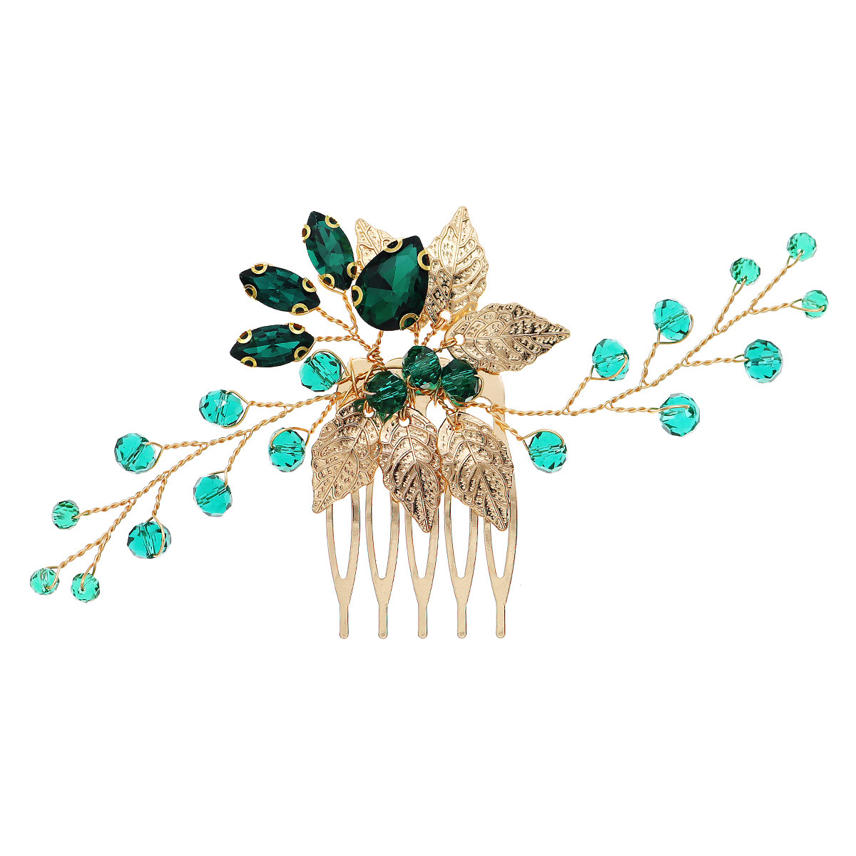 Cross-border new bride's hair comb, party performance, children's updo headwear, women's handcrafted green water diamond five-toothed small insert comb Item Picture