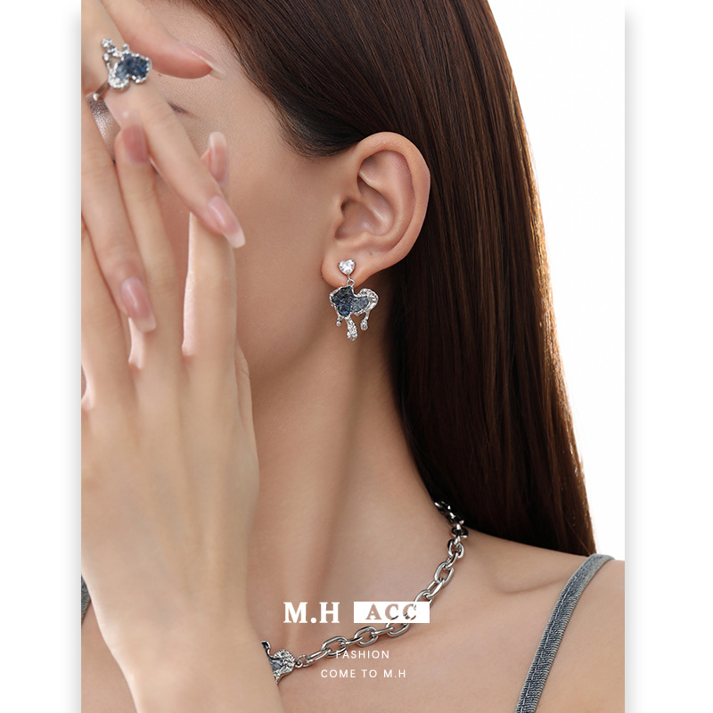 Blue heart-shaped earrings 925 silver needle high-end earrings 2024 New style cold and delicate ins style accessories wholesale details Picture