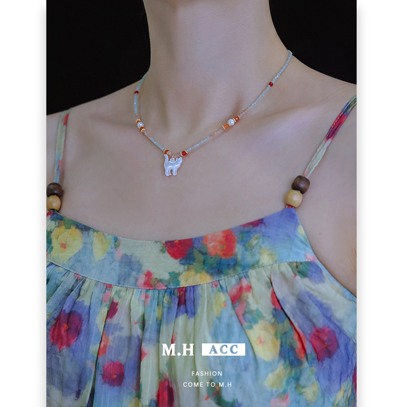 Carefully selected new ins colorful cat pendant necklace for women, light luxury, niche and versatile dopamine beaded collarbone necklace Specification drawing