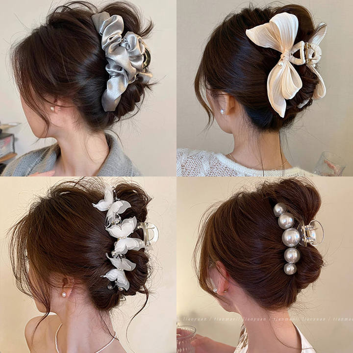 High-end satin large scratch-clip women's 2025 new light luxury pleated head clip shark clip headwear hairpin details Picture