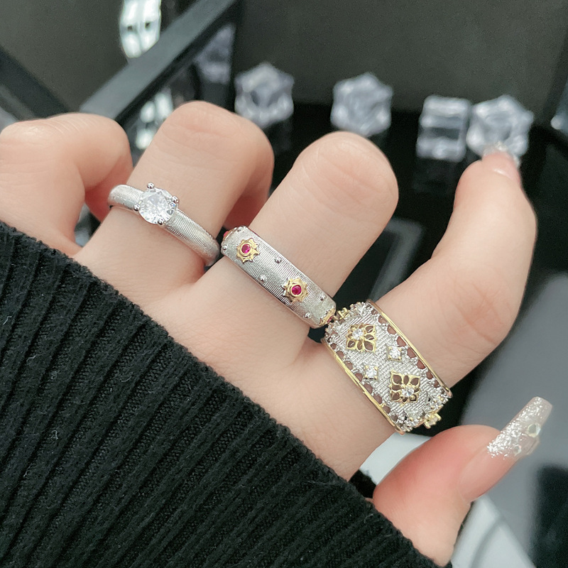 New Chinese-style, retro brushed, color-separated open ring, a fashionable and high-end ring with a touch of ancient court style for women details Picture