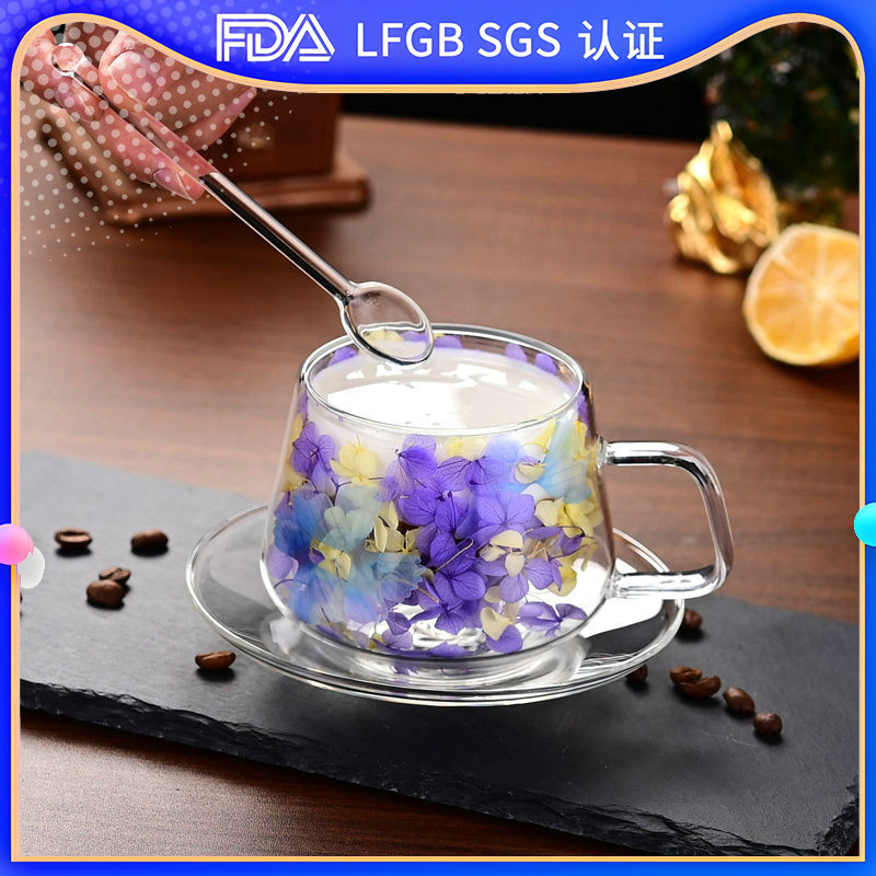 Double-layer dried flower coffee cup with glass, high appearance level, small size with spoon, light luxury household water cup, creative double-layer cup full figure
