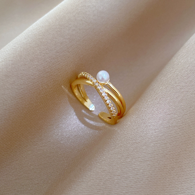 【 Real Gold 】 Cross-pearl full diamond ring with adjustable opening, simple Japanese-style bracelet, couple rings full figure