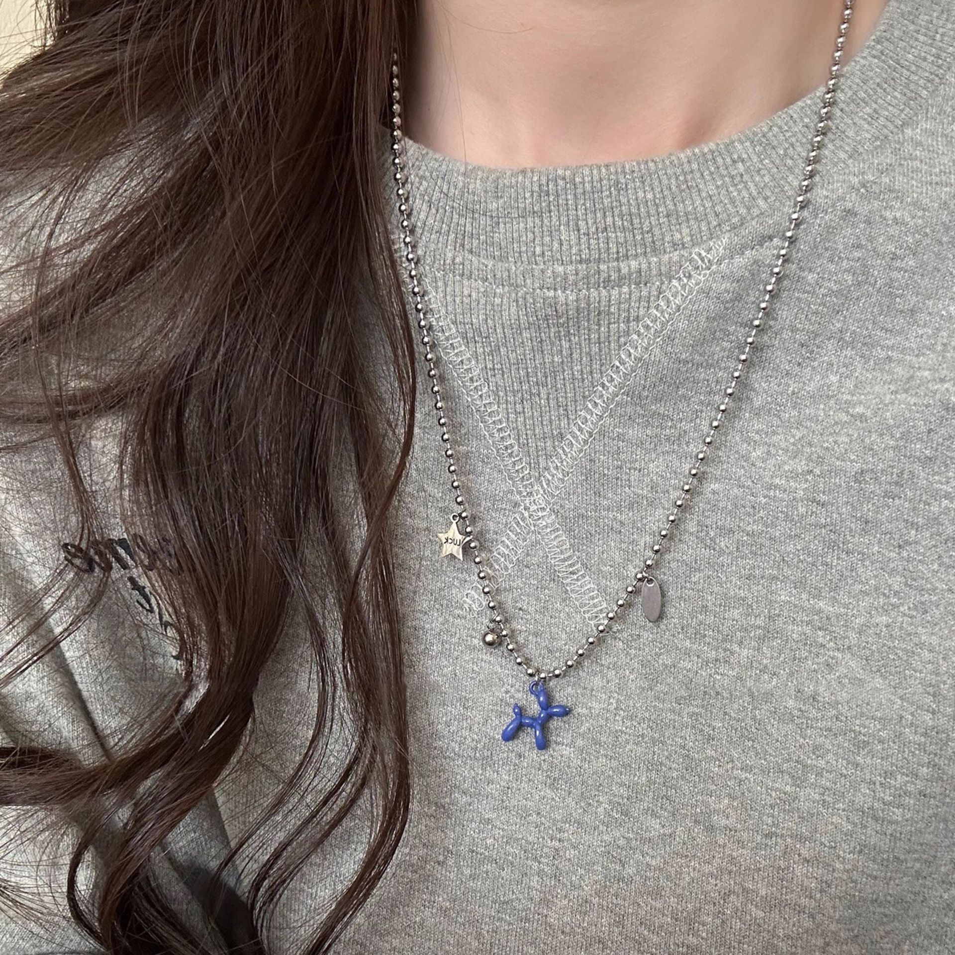 Sweet and cool style puppy star round bead long necklace for women, high-end and versatile collarbone chain, exquisite and fashionable, elegant neckchain Specification drawing