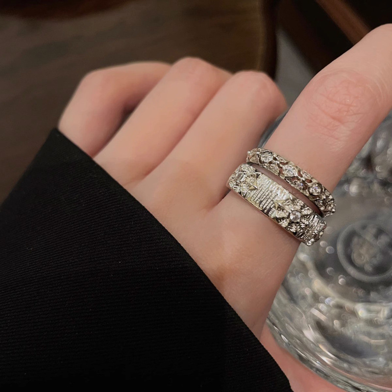 French simple and individual two-piece set, brushed open ring, feminine cold style, exquisite full diamond stacked food ring, cool and trendy Specification drawing