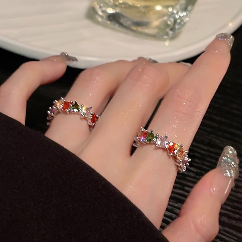 Summer color exquisite colored zircon open ring for women, light luxury, trendy and niche design, adjustable index finger ring full figure