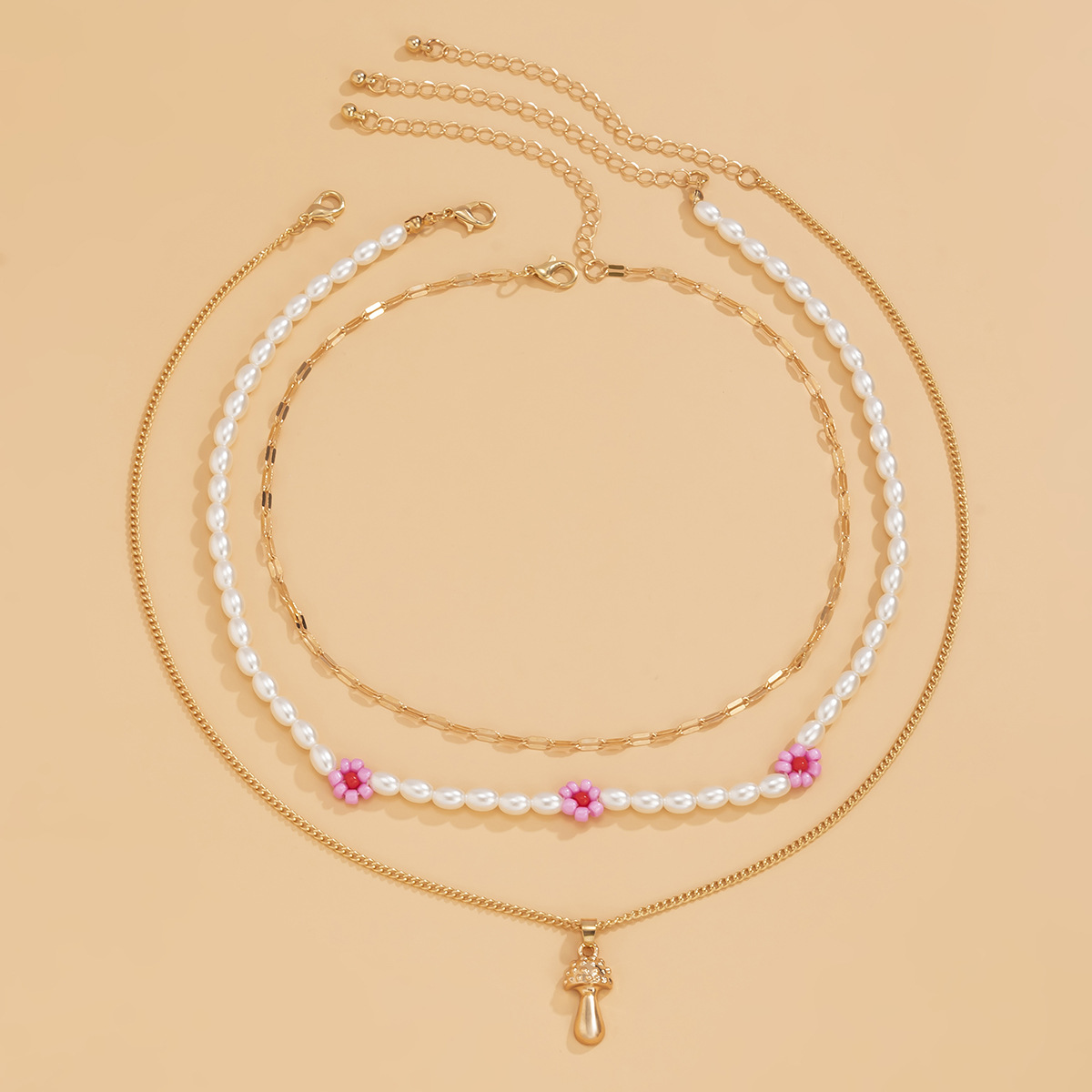 Creative alloy small mushroom pendant set necklace, retro and fashionable imitation pearl flower necklace, European and American cross-border jewelry details Picture