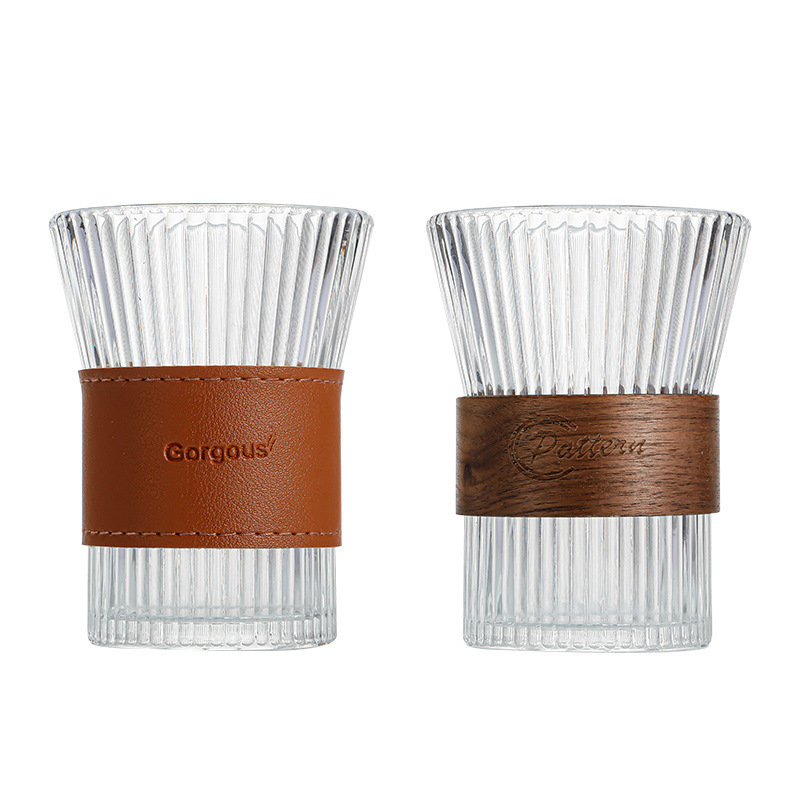 Household high-appearance-level coffee cups, transparent heat-insulating glass cups, office vertical pattern water cups, Japanese-style cups with cup sleeves Item Picture