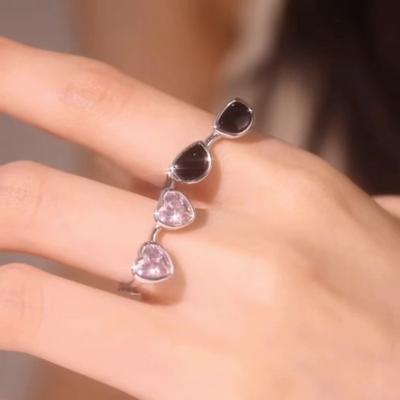 Sunglasses ring, heart-shaped pink diamond, zircon opening, simple and cold style, individual and fashionable student couple ring, index finger ring details Picture