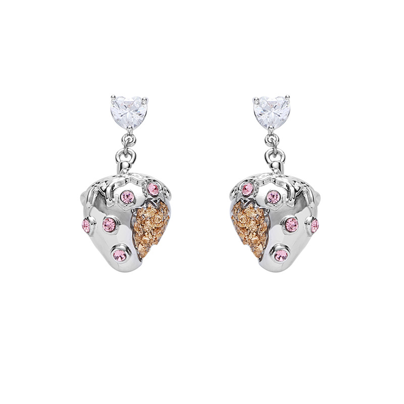 Original small pink diamond strawberry sweet style earrings, 925 silver needle high-end and elegant stud earrings, trendy and exquisite earrings Item Picture