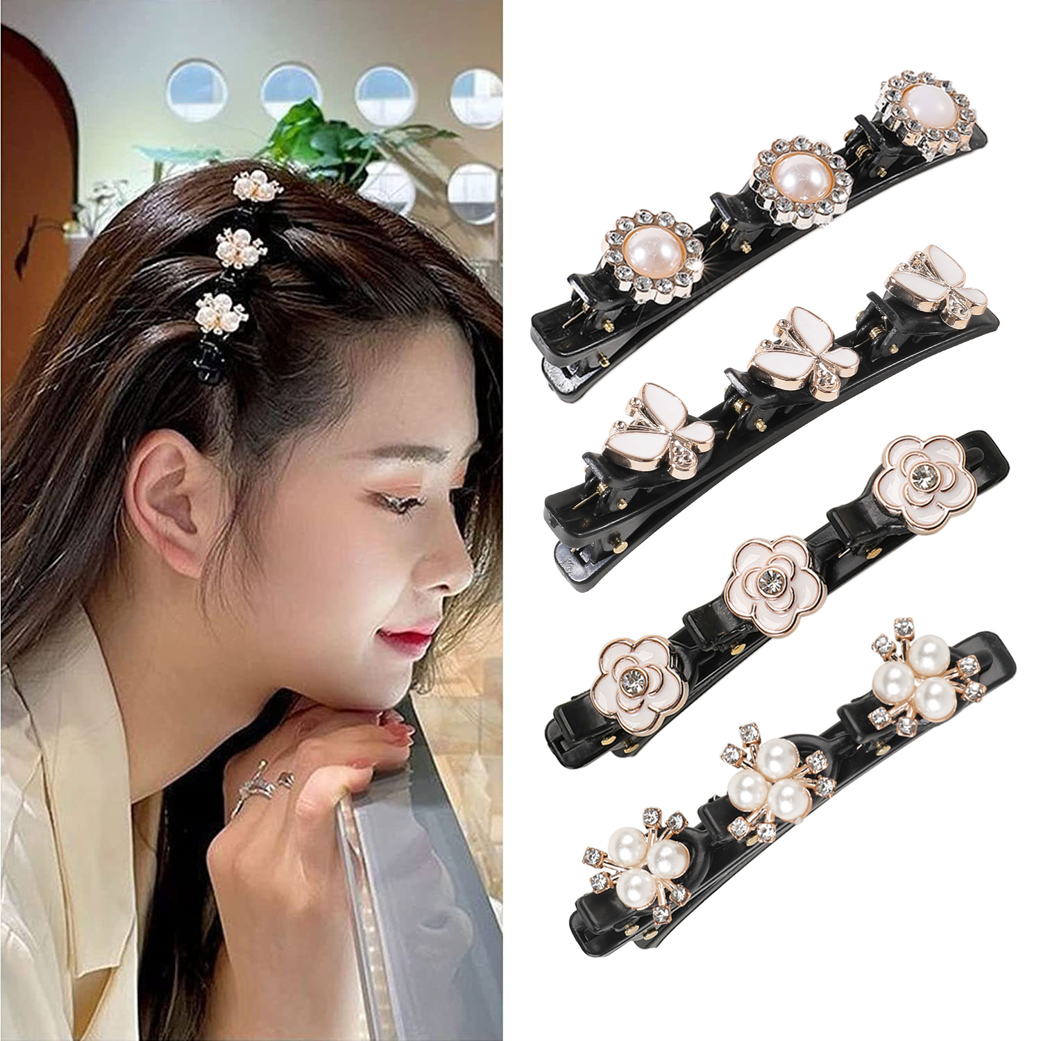 Qiyue Amazon Four-leaf Clover Flower Hair Clip, Women's broken hair clip, Braiding and styling magic tool, Side clip, bangs clip full figure