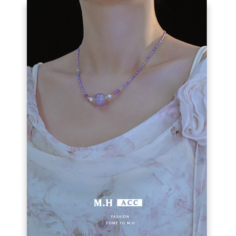 Carefully selected dopamine amethyst zircon beaded necklace, a fresh and sweet collarbone chain with a versatile design sense Specification drawing