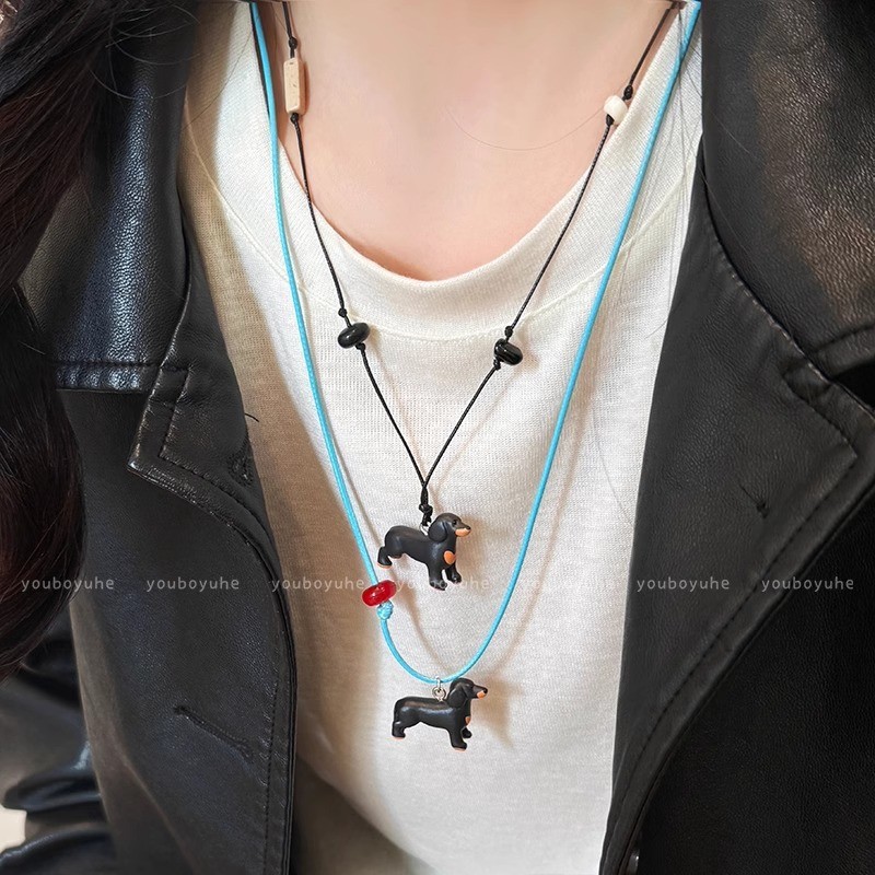 Cute pendant puppy necklace for women, new pull-out leather rope, simple, niche and versatile long collarbone chain accessory for women Item Picture