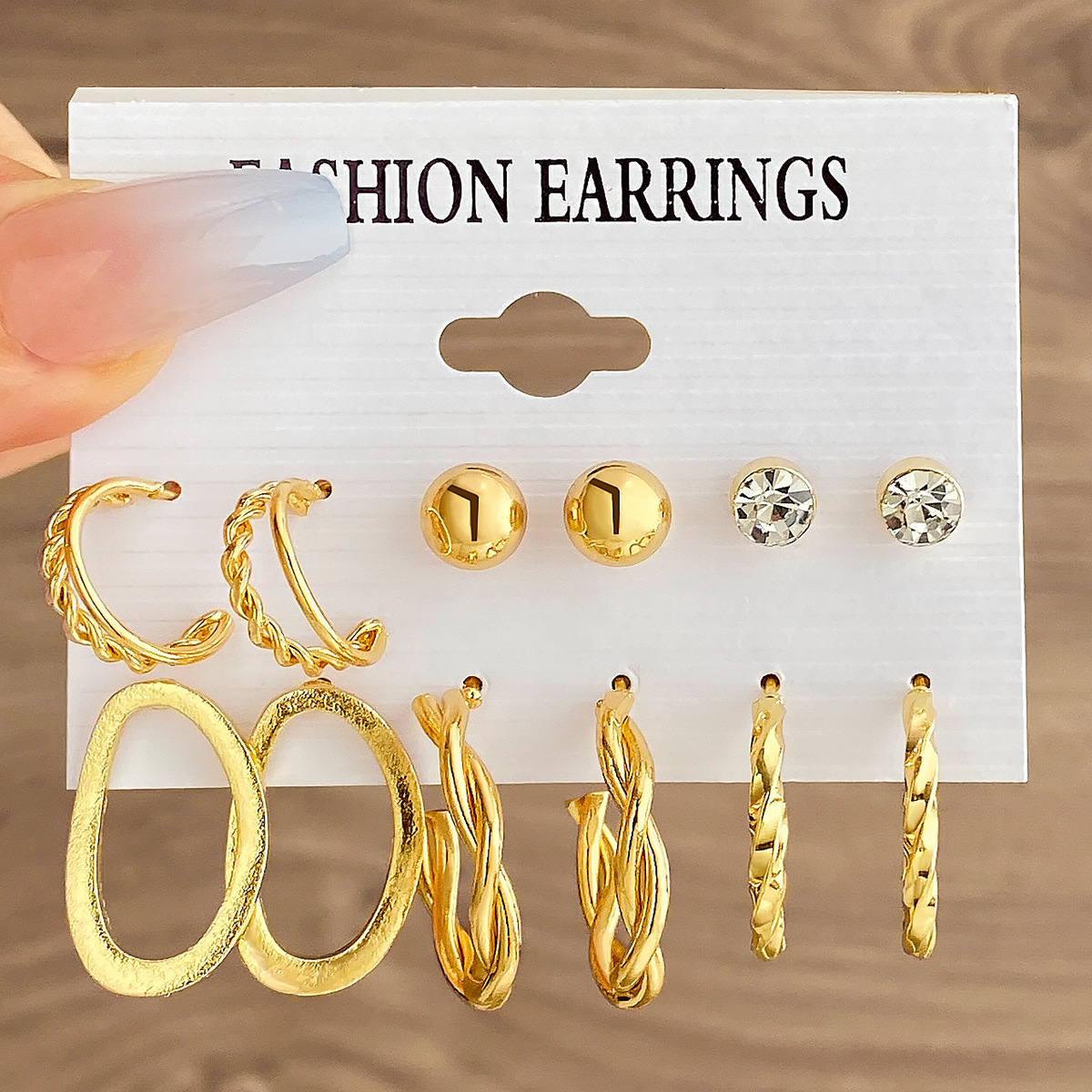 European and American style metal ear rings, square geometric earrings, retro diamond-encrusted earrings, high-end earring set of 6 pieces full figure