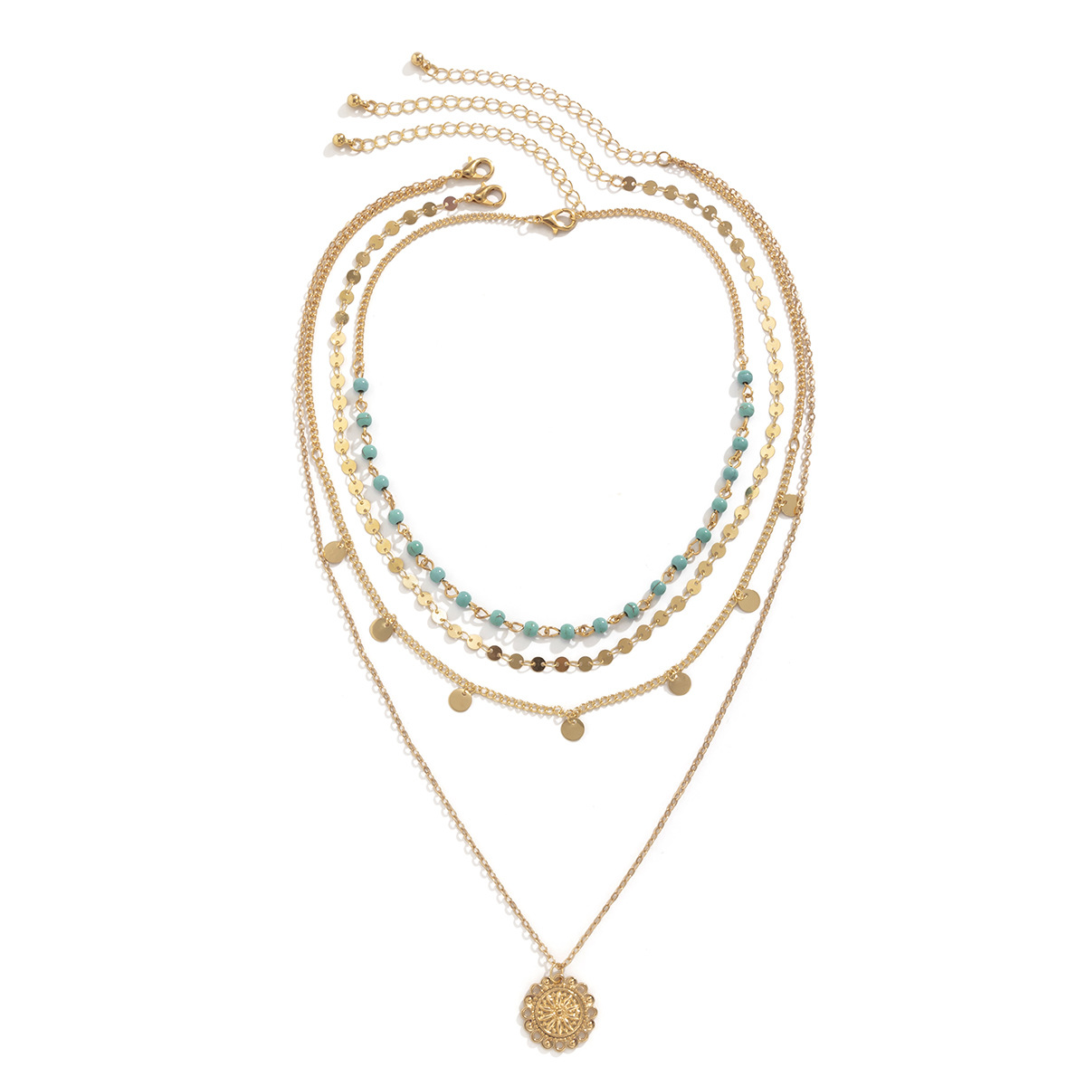 European and American cross-border simple fine chain turquoise beaded flower plate pendant necklace, women's retro style tassel sequin necklace Item Picture
