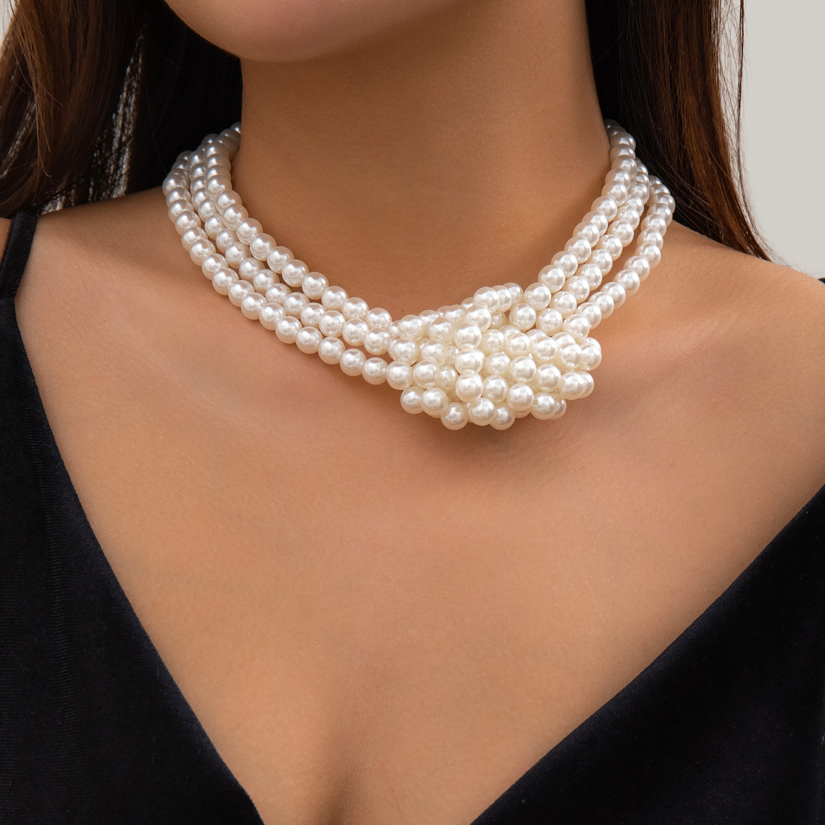 European and American style retro chanel-style multi-layer imitation pearl necklace, French beaded collarbone chain choker for women details Picture