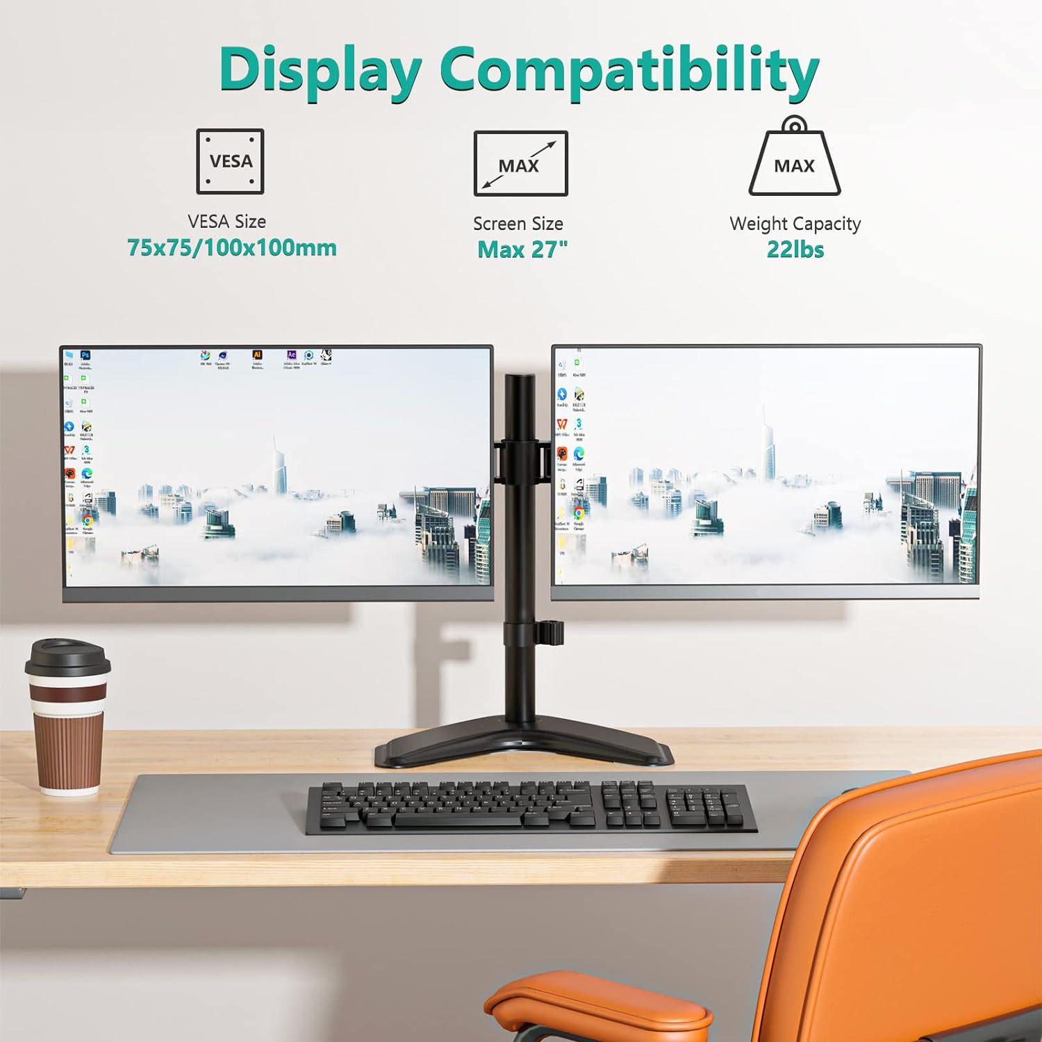 A fully adjustable desktop stand suitable for two 27-inch standalone dual LCD screens Specification drawing