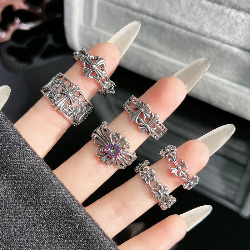 Retro and aged iris cross ring, neutral style, ins trendy, cold European and American style, adjustable ring quality full figure