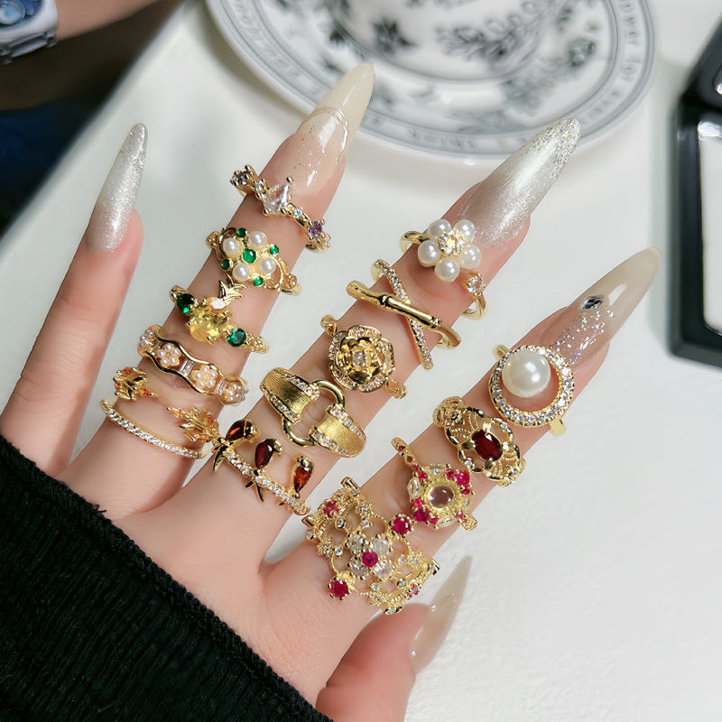 French style, high-end, pearl-inlaid, sweet and cool open ring, geometric, exquisite and fashionable student ring for women full figure