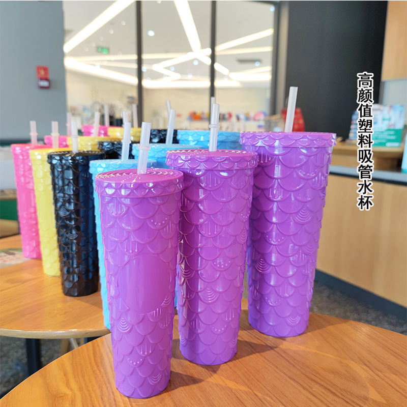 Cross-border fish-scale car cup three-piece set AS plastic car king straw water cup Outdoor office milk tea cup Specification drawing