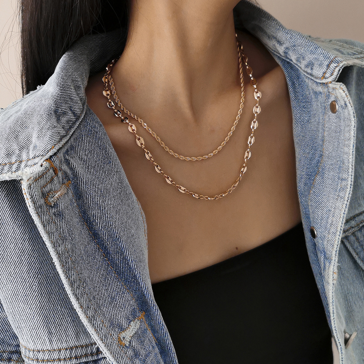 European and American cross-border jewelry, simple and retro multi-layer tassel necklace, versatile for women's charm, two-piece set of twisted chain necklace Specification drawing