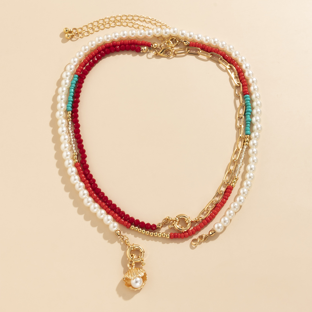 European and American cross-border jewelry, niche retro patchwork hand-woven necklace, versatile for women, shell imitation pearl pendant necklace details Picture
