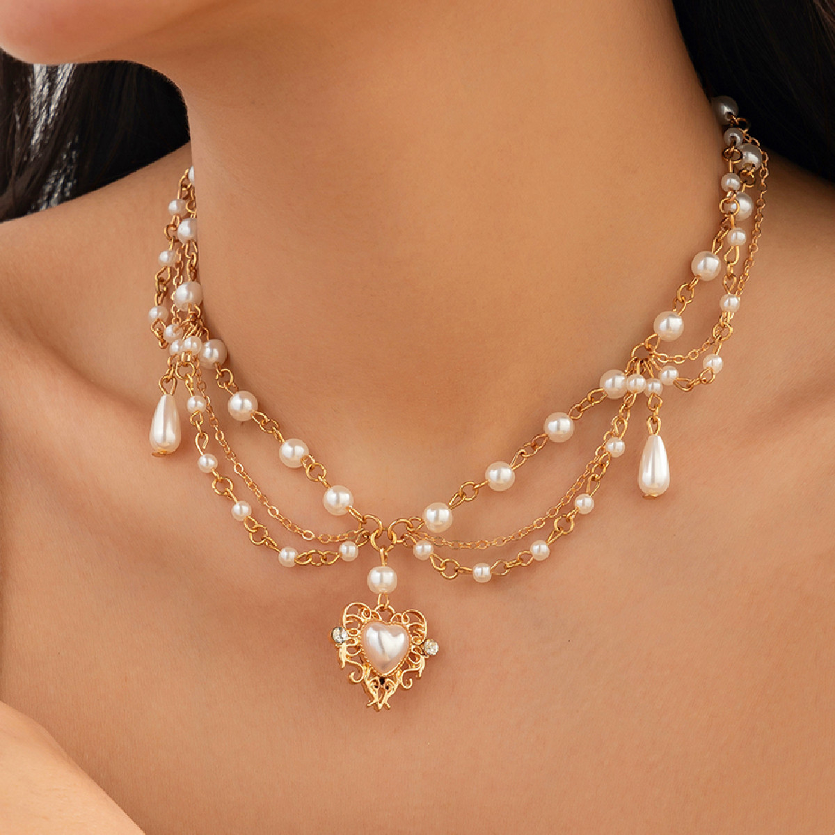 European and American cross-border jewelry: simple metallic heart-shaped pendant, collarbone chain, fashionable teardrop-shaped pearl necklace Specification drawing