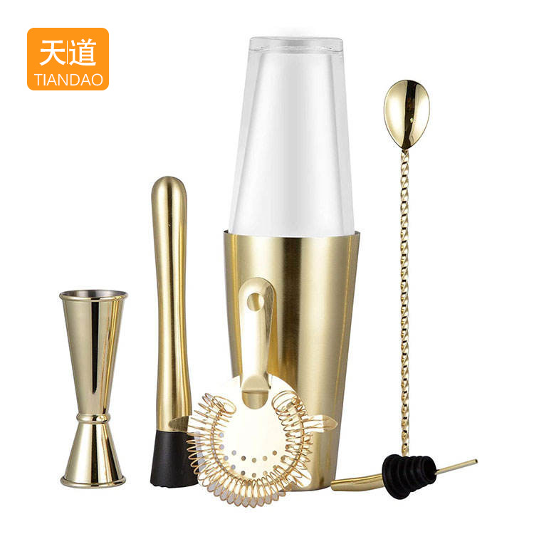 Stainless steel gold-plated Boston cocktail shaker set, cocktail ware set, cross-border best-selling bar supplies full figure