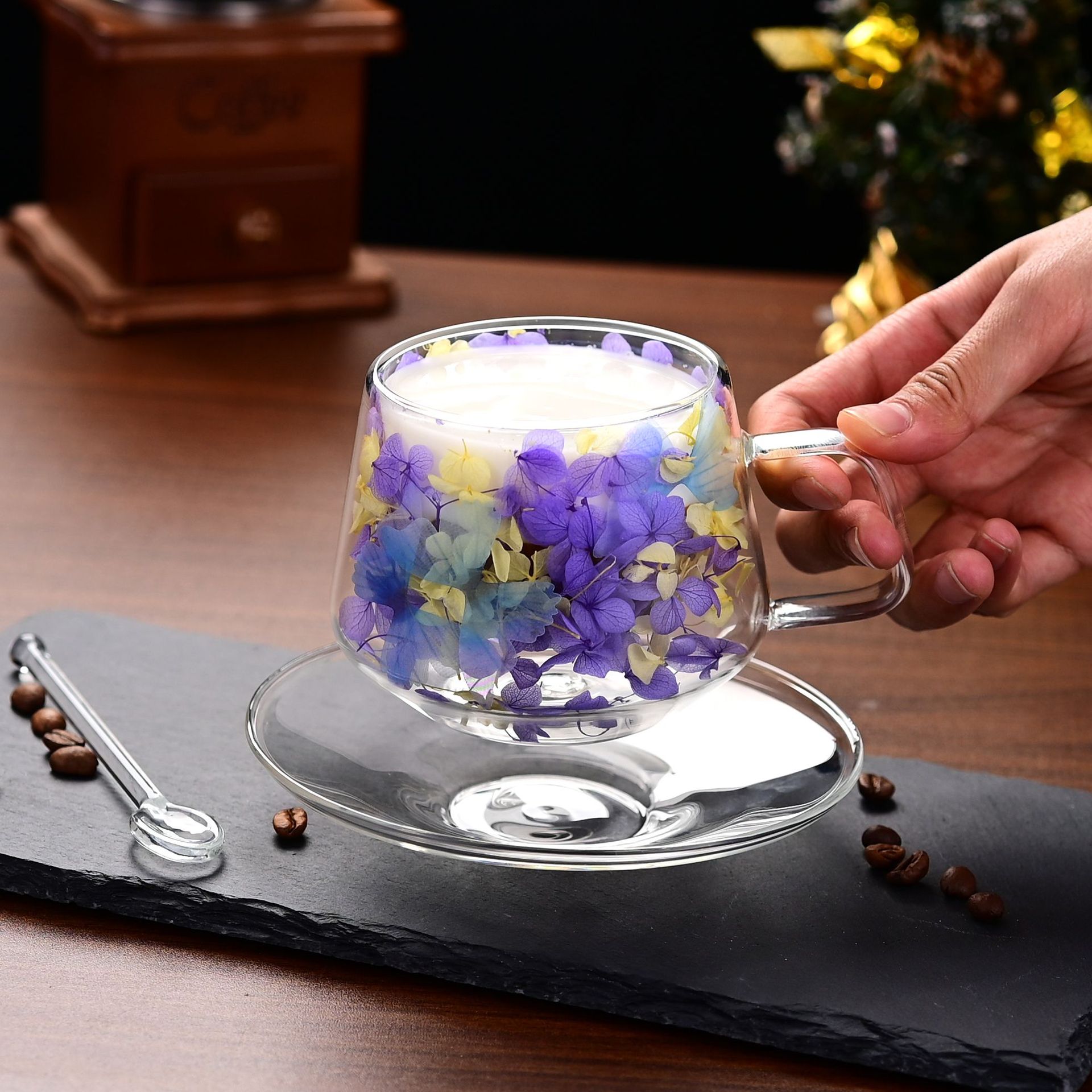 Double-layer dried flower coffee cup with glass, high appearance level, small size with spoon, light luxury household water cup, creative double-layer cup details Picture