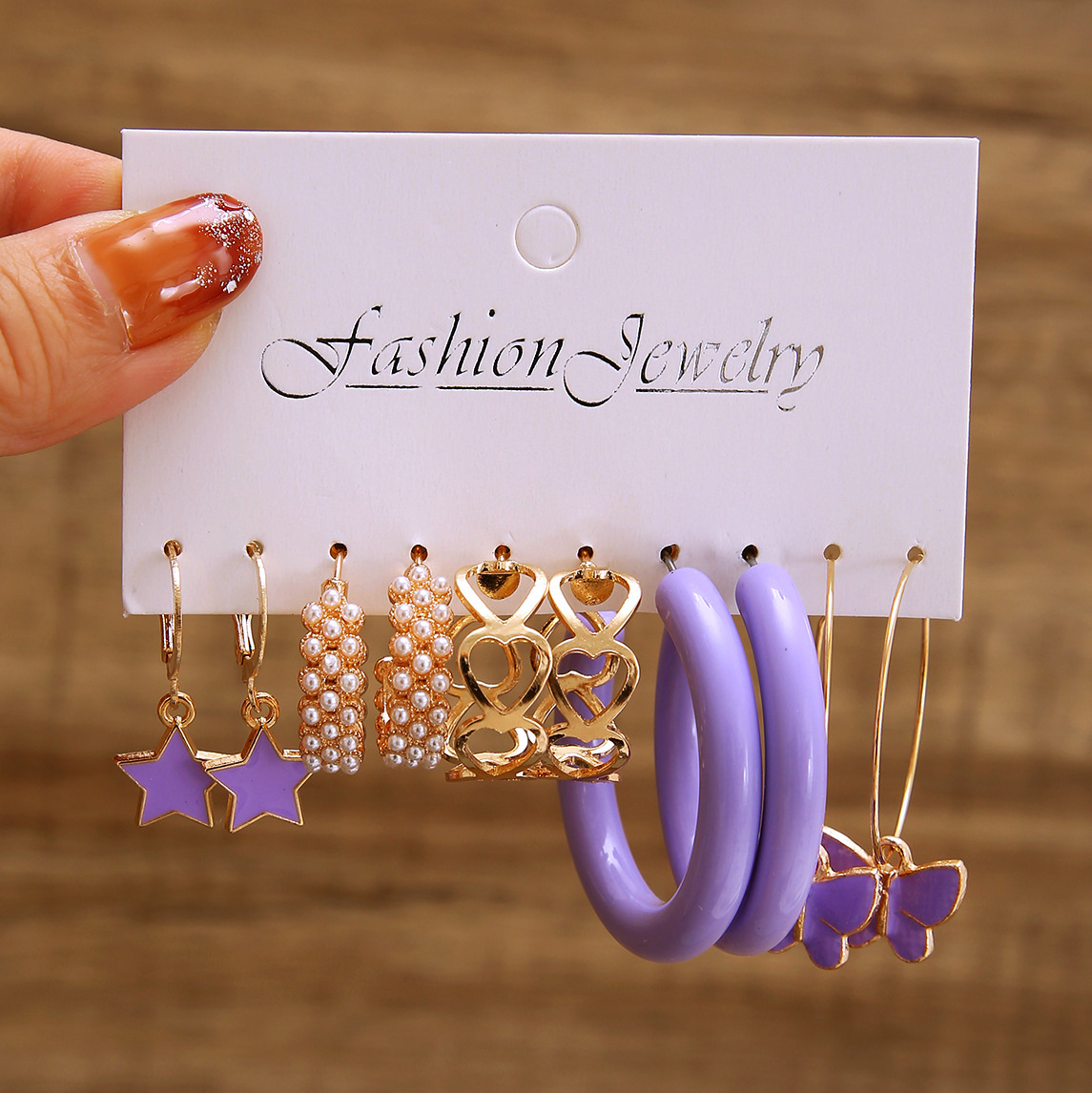 A new 5-piece purple butterfly earring set for European and American foreign trade, featuring retro charm and pearl earrings with a high-end feel full figure