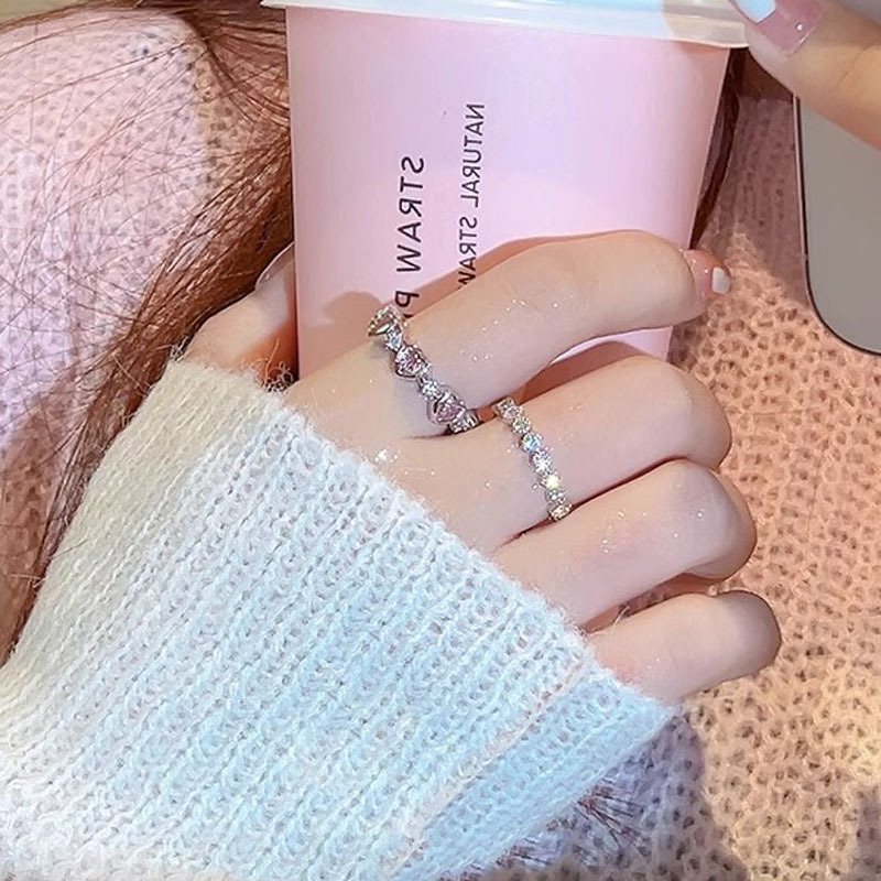 Sweet and cool style pink diamond heart-shaped open-top ring, a niche design for women, an Instagram cold style fashionable and individual index finger ring Specification drawing