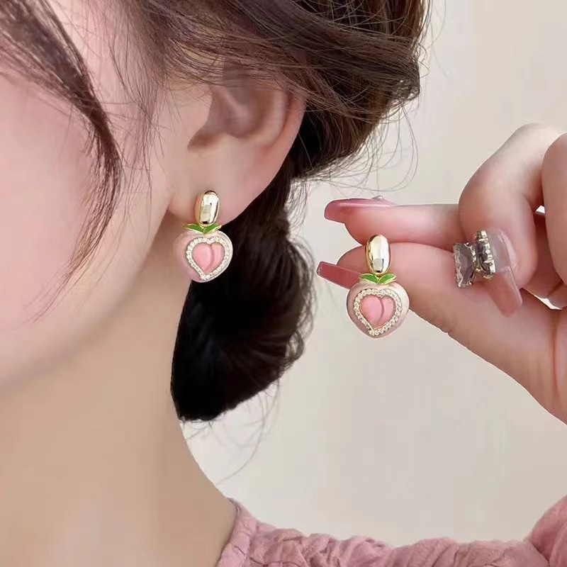 Pink Mist Sweetheart ~ Pink Peach Earrings for Women 2025 New Style Gentle and Sweet heart-shaped Stud earrings Light Luxury high-end earrings Specification drawing