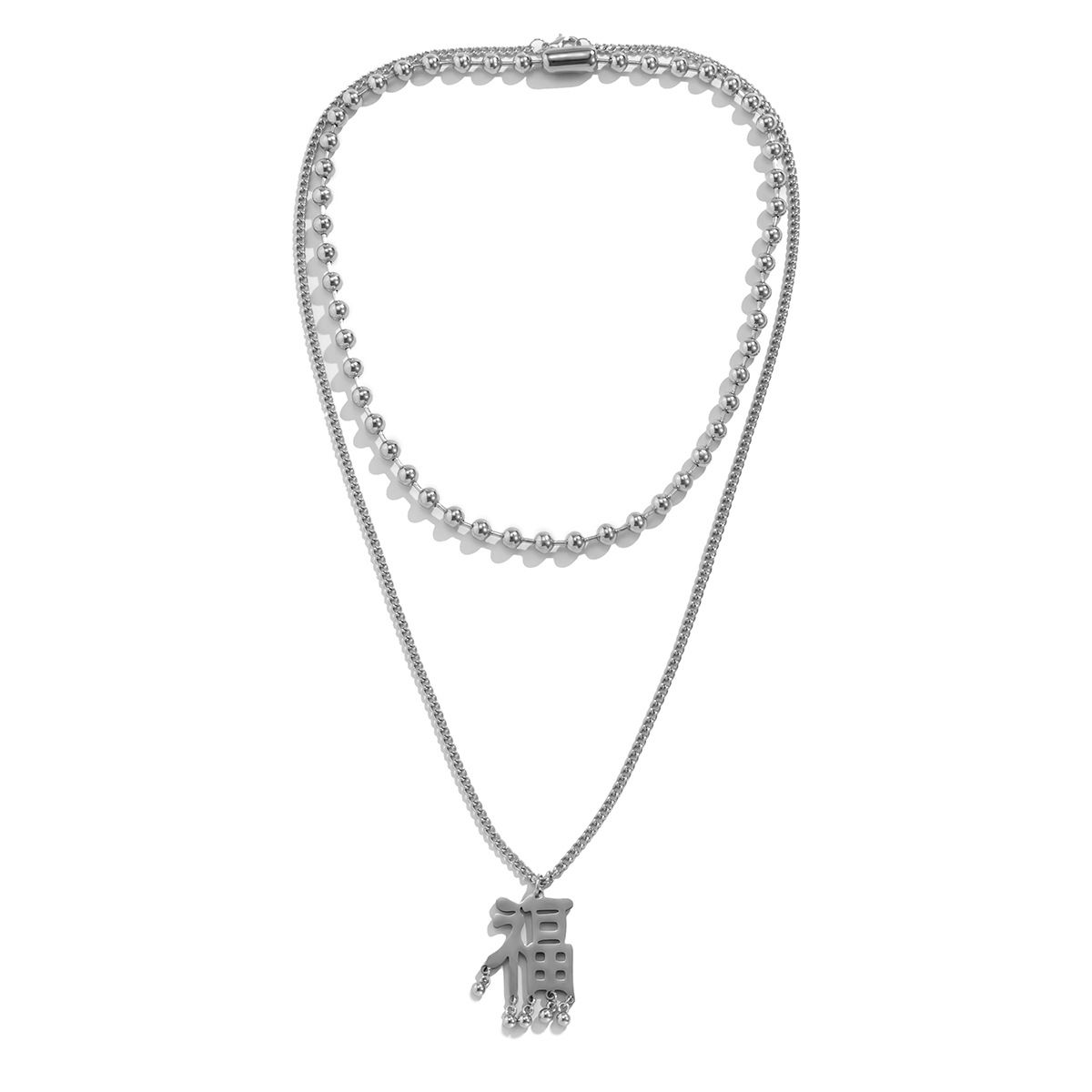 Creative "Fu" character tassel long alloy necklace for women, European and American cross-border jewelry, retro hollowed-out fine chain necklace Specification drawing