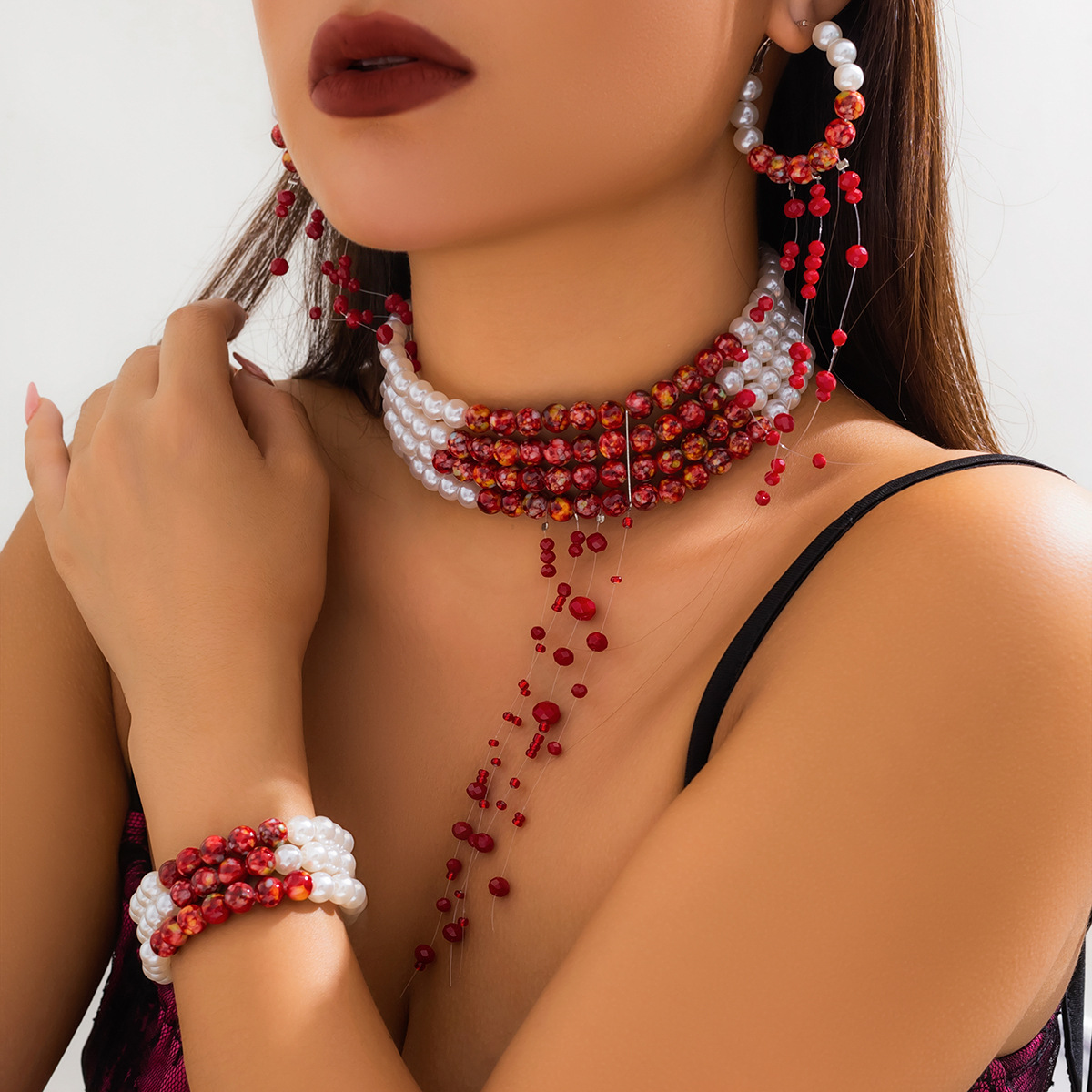 European and American cross-border accessories, sweet and cool Gothic blood-drop tassel collar necklace, Halloween personalized beaded choker details Picture