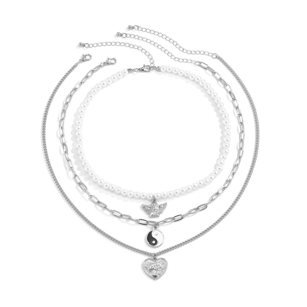 European and American cross-border jewelry punk imitation pearl beaded little angel necklace, sweet and cool oil-dripping Tai Chi Bagua hollowed-out necklace Item Picture