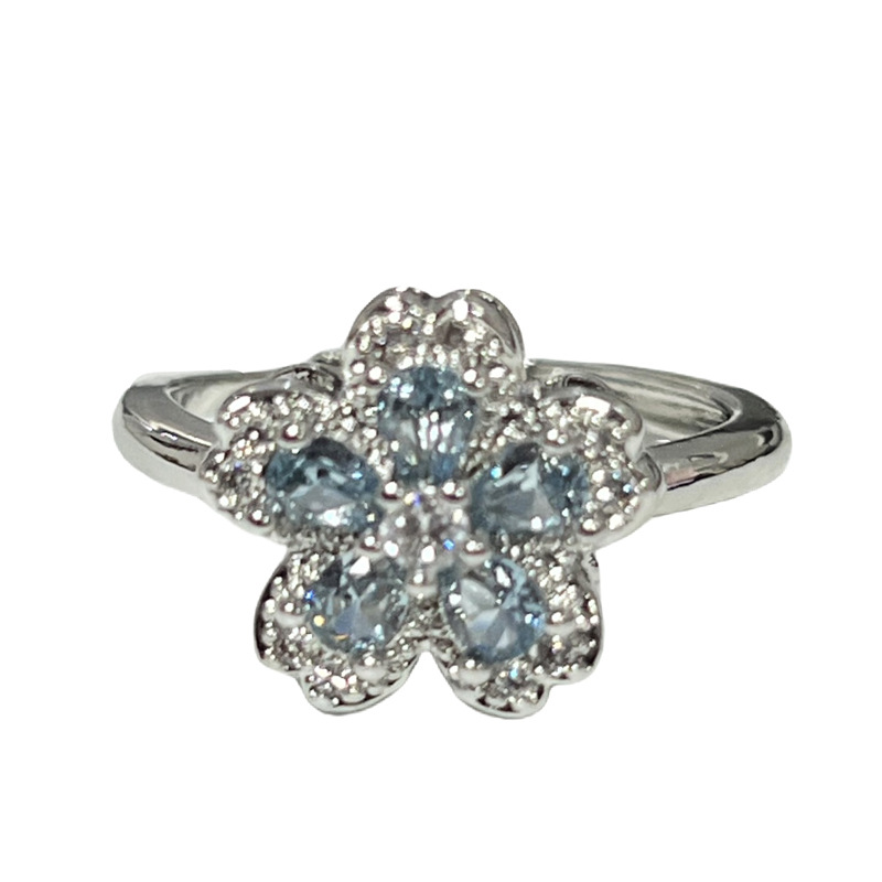 Korean version exquisite ice blue full diamond flower fashion ring, a cold and elegant female style, light luxury and high-end, sweet and cool stacked food ring Item Picture