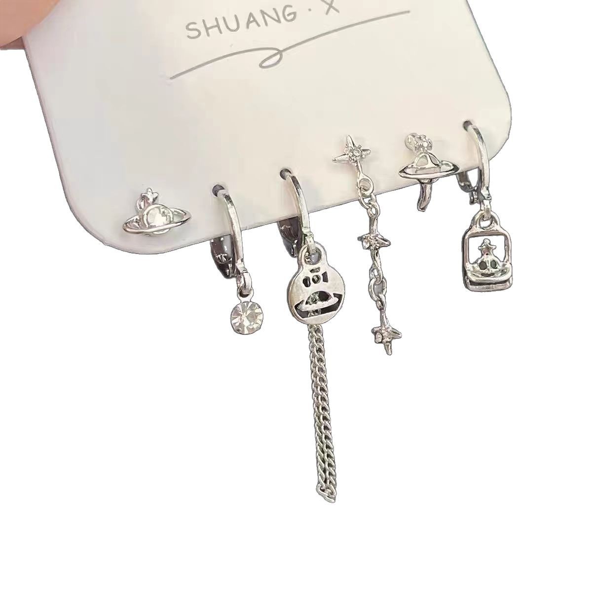 A set of six retro European and American cross star earring earrings with a minimalist diamond-encrusted design for women Item Picture