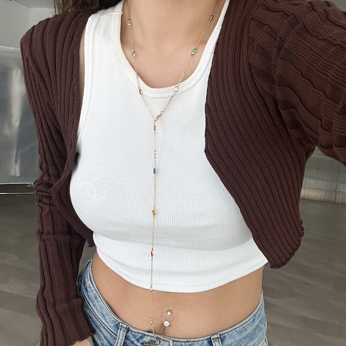 European and American cross-border jewelry, fashionable color crystal Y-shaped necklace, simple geometric multi-layer tassel collarbone chain details Picture