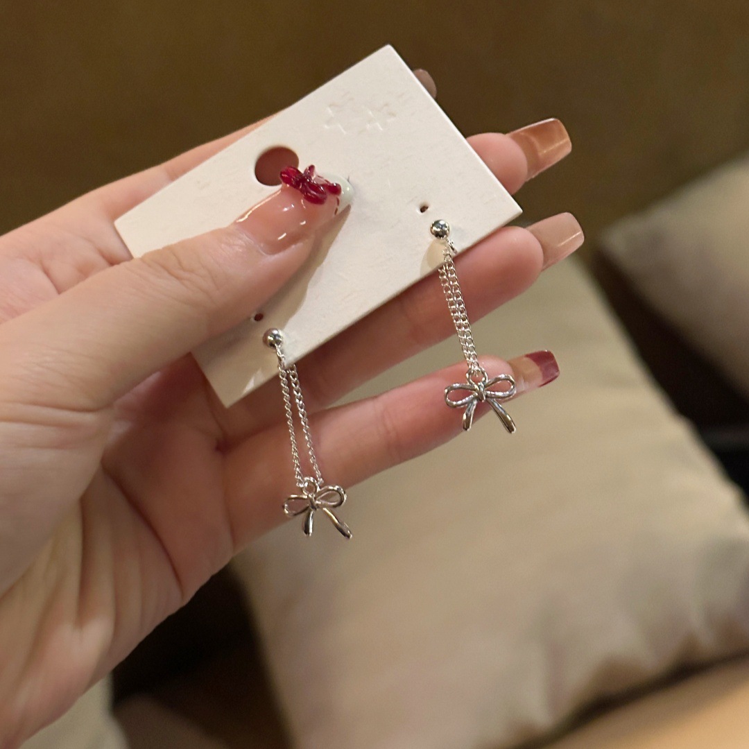 Bow stud earrings, long tassel earrings, sweet forest style, super fairy-like, niche and high-end, cute and elegant earrings details Picture