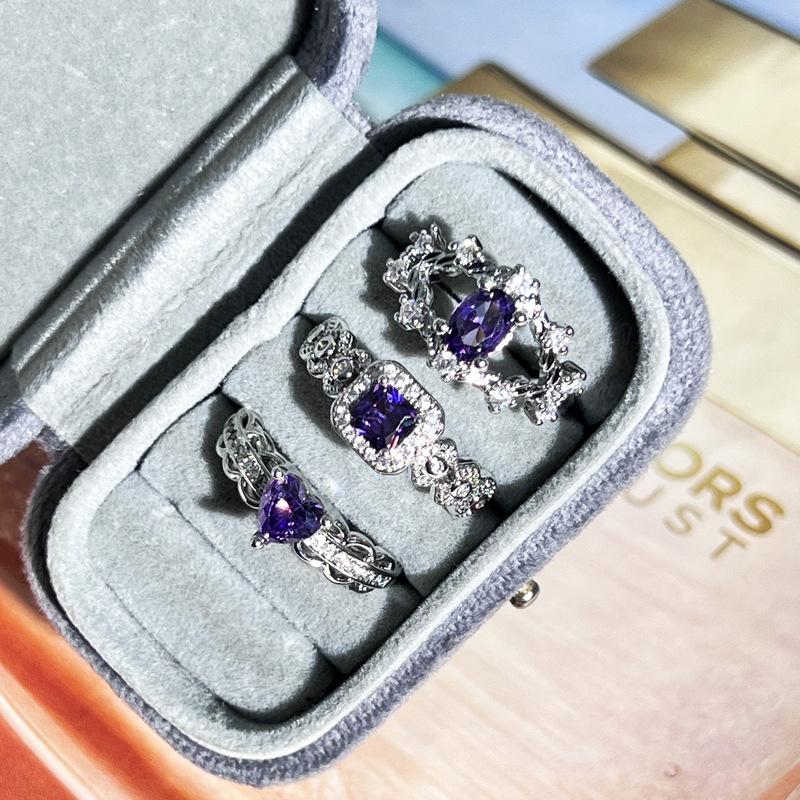 Sweet and cool Girl Y2K Geometric heart purple diamond Open ring, a delicate, light luxury, niche and cold style ring with a feminine touch Specification drawing