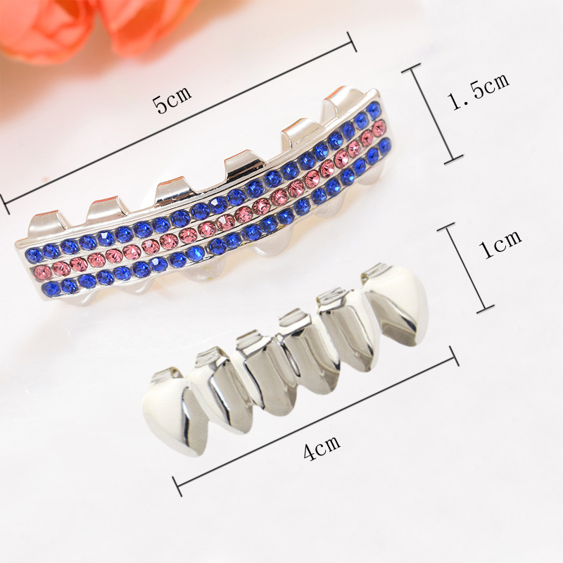 European and American hiphop blue diamond three-row diamond braces decoration hip-hop braces Silver set color diamond hip-hop braces details Picture