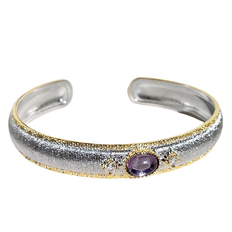 vintage purple stone oval wide brushed bracelet ring set for women, with a touch of light luxury and sophistication in a court style Item Picture