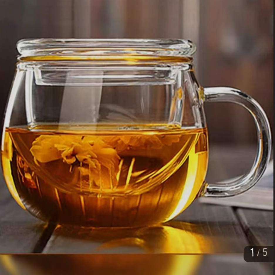 High borosilicate glass tea brewing cup, thickened with lid and handle, household tea water separation with filter, office cup, flower tea cup Specification drawing