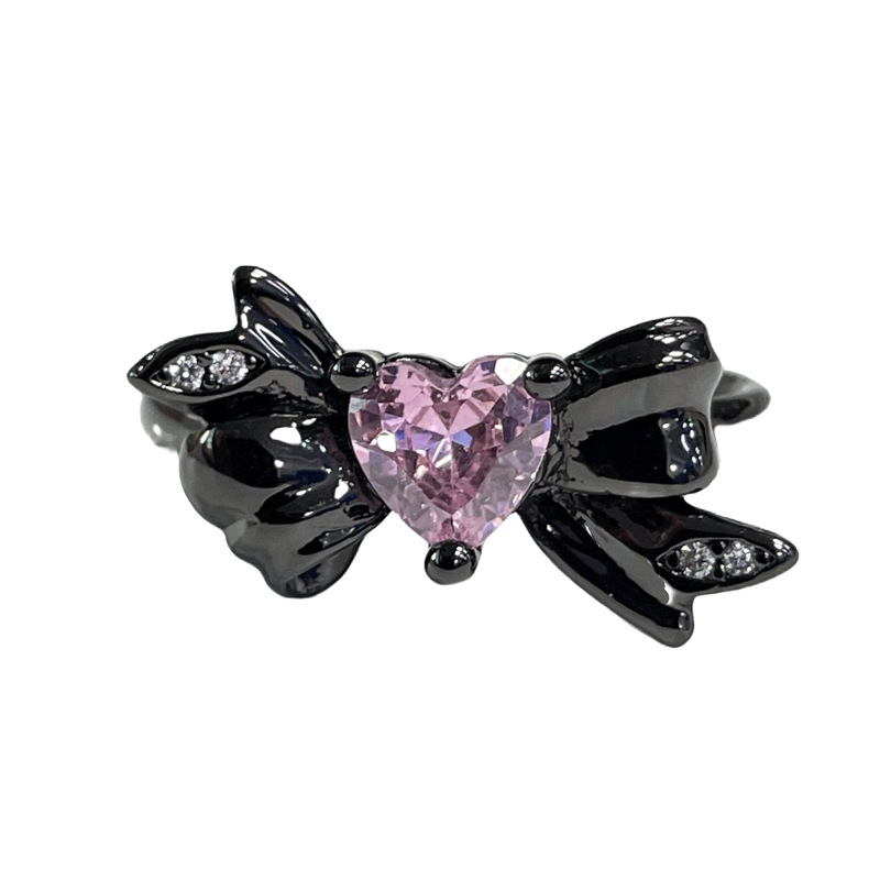 Cool dark style pink diamond heart-shaped bow open ring for women on Instagram, cold style, hot girl fashion ring Item Picture