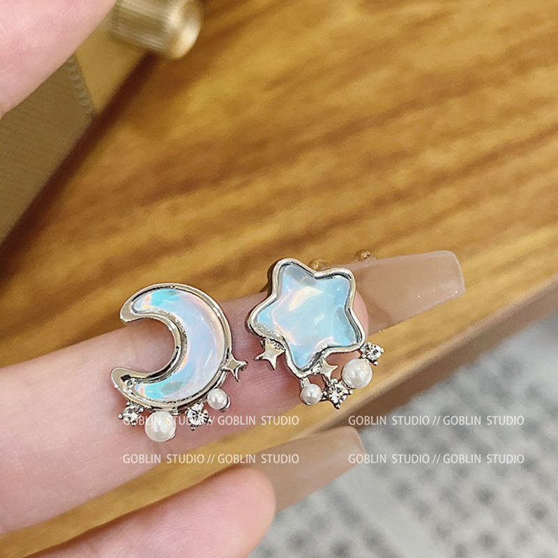 S925 Silver Needle blue Star Moon Pearl Stud Earrings, a super fairy-like feminine charm, versatile and unique personality, a wholesale of internet-famous earrings details Picture