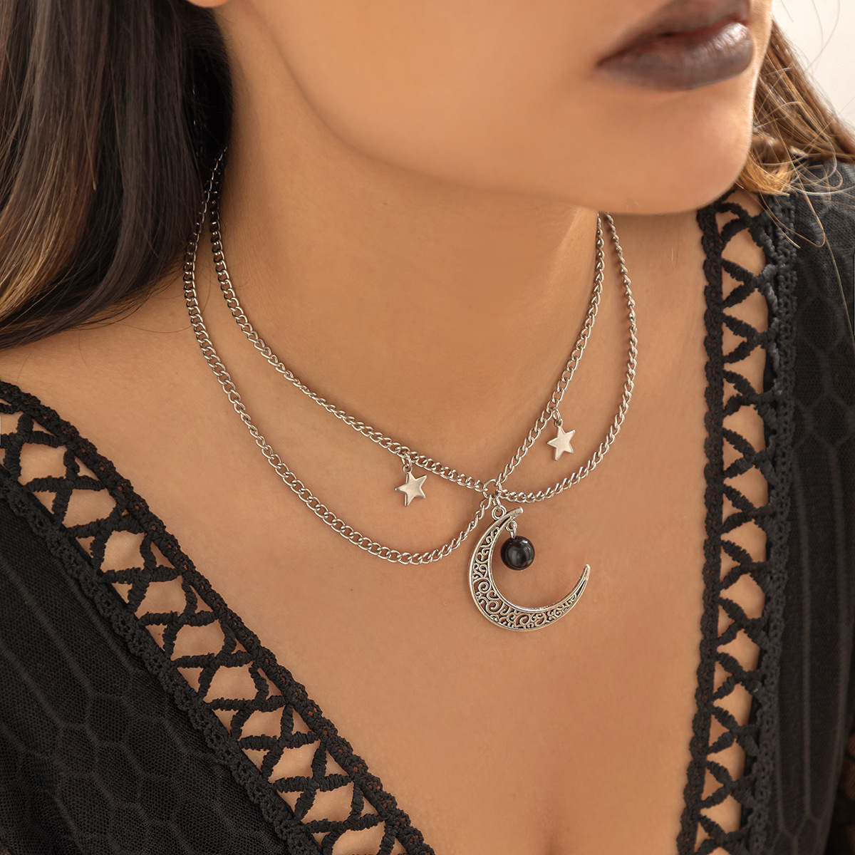European and American cross-border jewelry, sweet and cool, double-layer versatile collarbone necklace, simple and cold style, star tassel necklace full figure