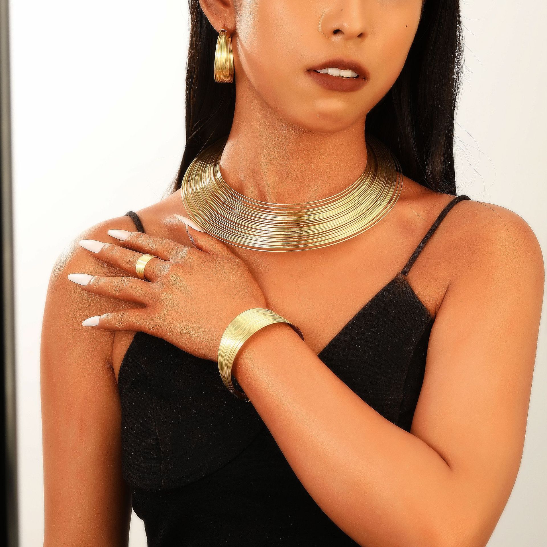 European and American cross-border African Nigeria punk chocker neck ring Earrings Bracelet ring jewelry set for women full figure
