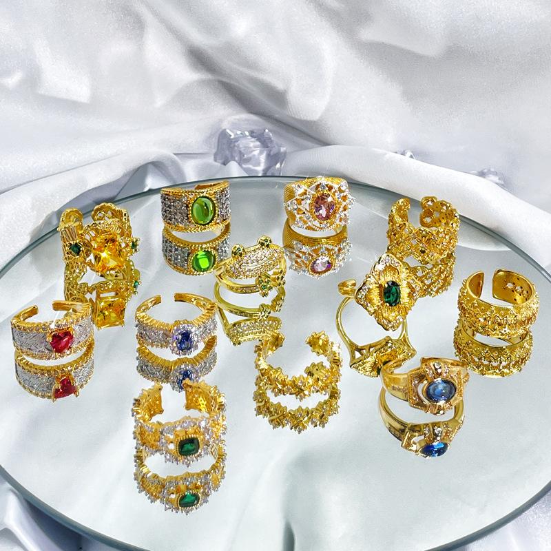 Cross-border colored gemstone retro hollowed-out opening ring for women's Instagram, a niche high-end, light luxury, trendy and versatile food ring details Picture