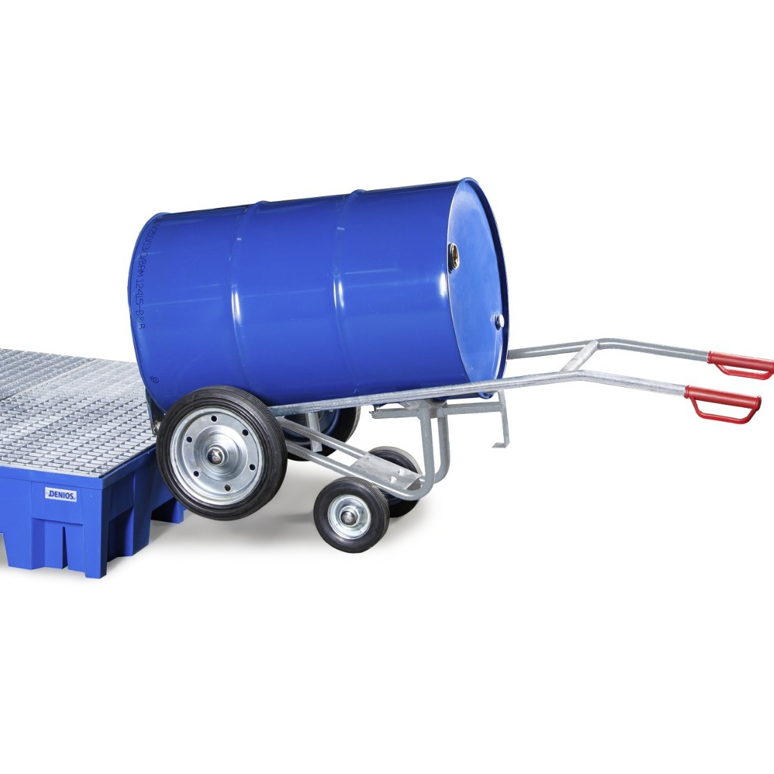 DENIOS steel round drum trolley, 205L iron and plastic drum handling trolley, oil drum unloading trolley, manual trolley details Picture